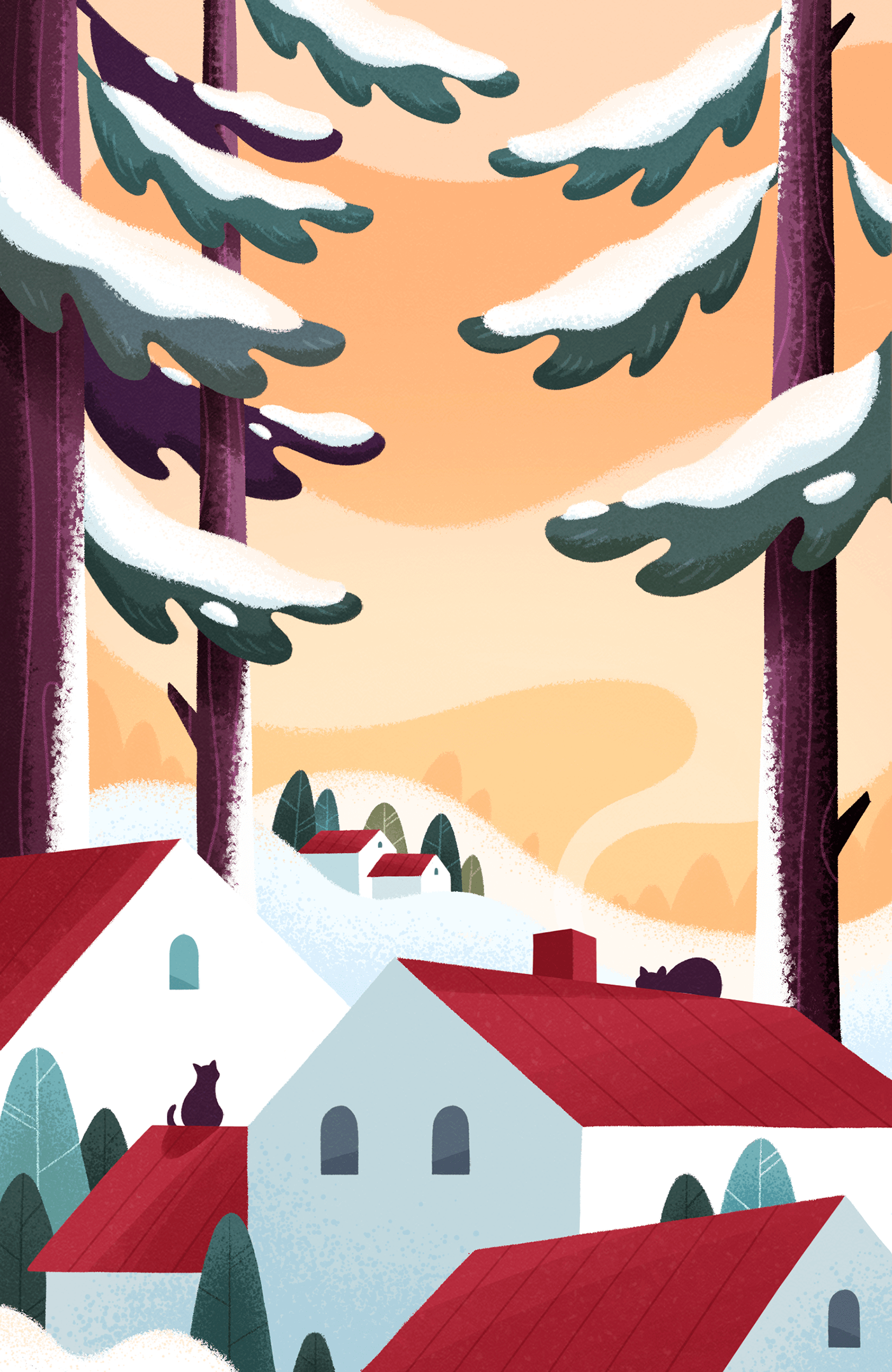calm cats chill Evening forest houses ILLUSTRATION  Landscape snow winter