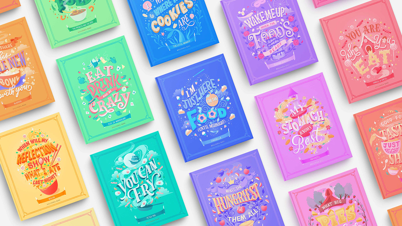 A collection of colorful rainbow book cover art with lettering based on food and fairy tales.