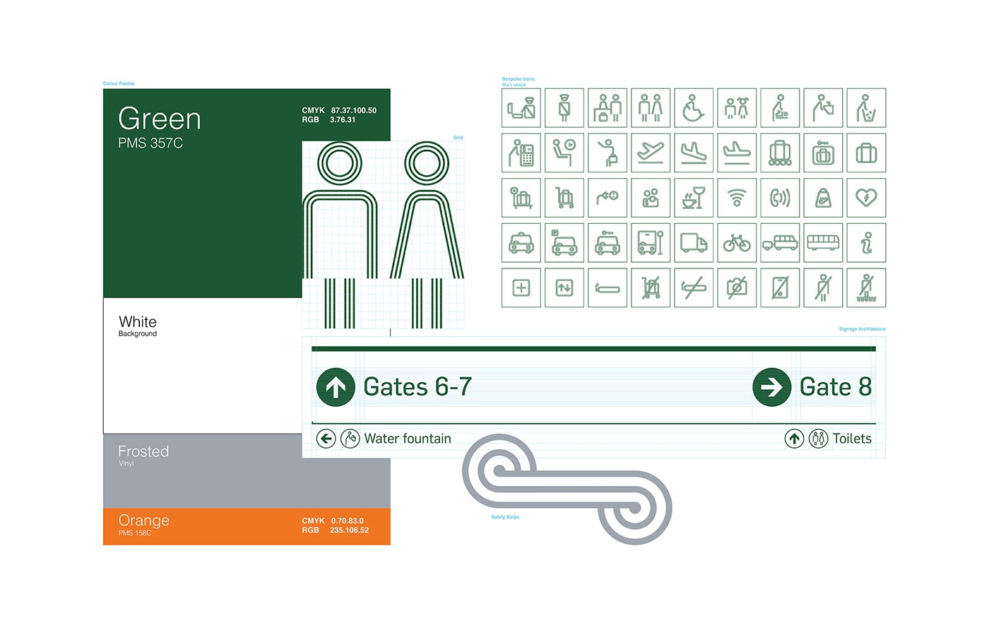wayfinding airport New Zealand queenstown pictograms icon set signage system concept development Space design visual identity