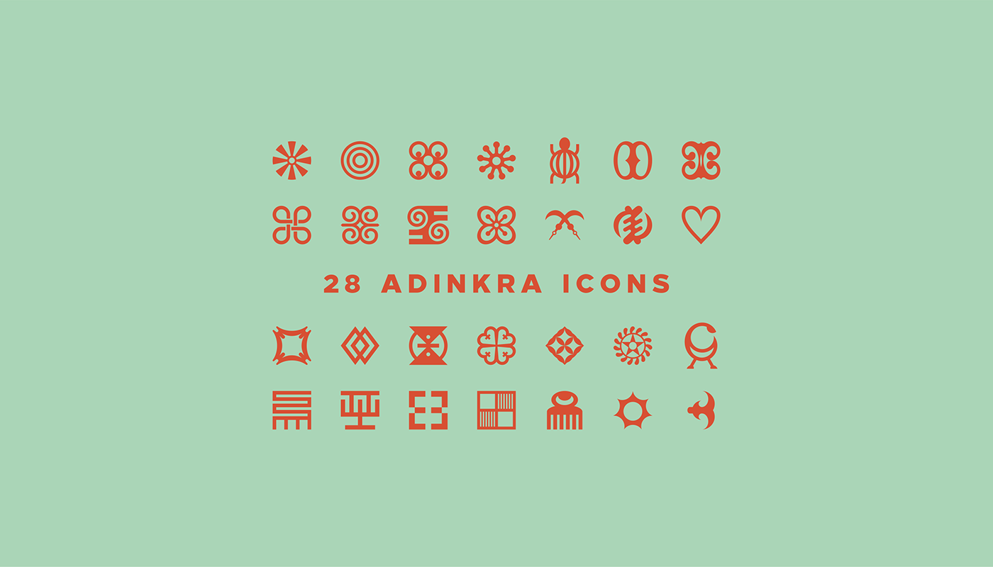 Monocolour adinkra icons in a grid. headline: 28 Adinkra icons
