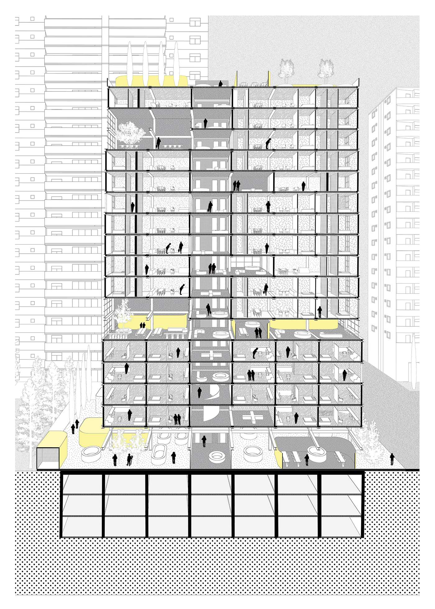 edificio vertical Edifício Híbrido axonometric isometrica edificio apartamento