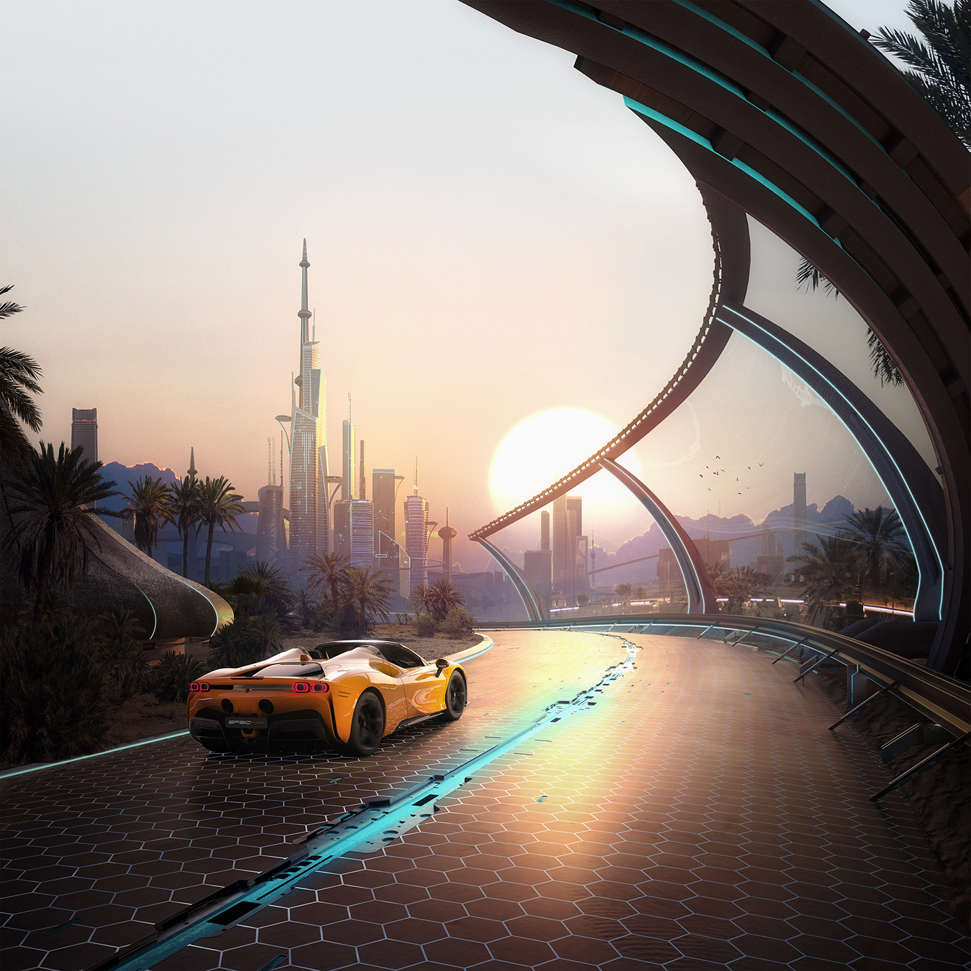 arqui9 car Cyberpunk desert FERRARI future car futuristic oasis sf90 utopia
