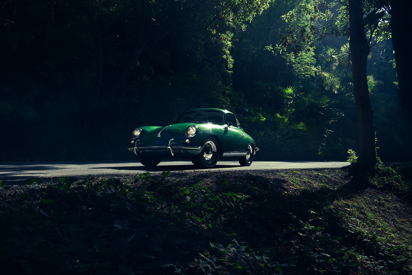 Porsche green forest Moody shadow Automotive Photography dark color Outdoor location