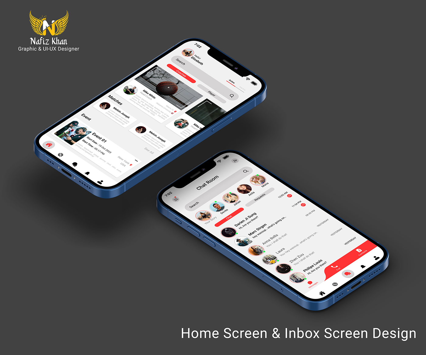 app design ui design App Screen home screen chat screen inbox screen UI UI/UX Mobile app app screen design