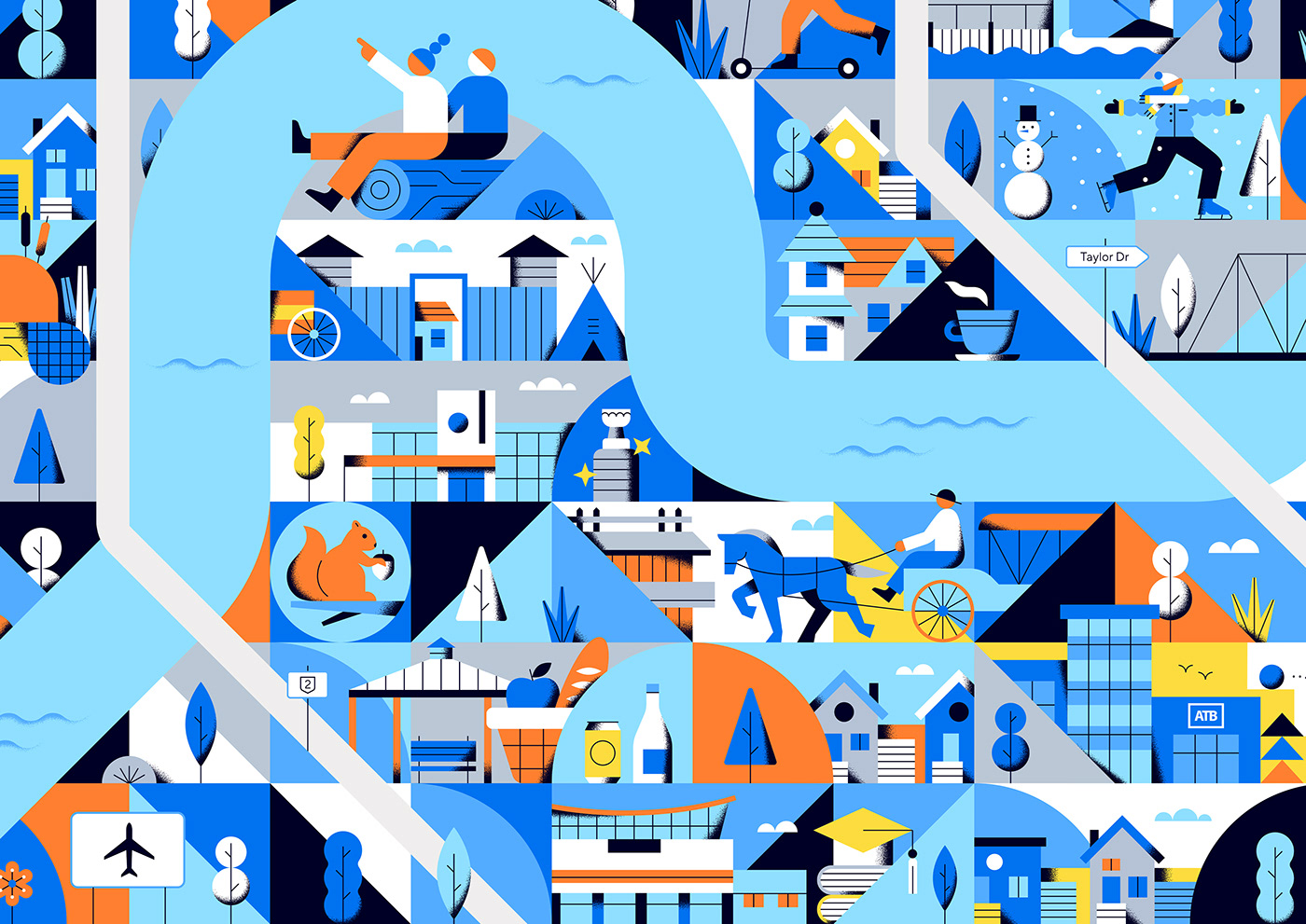 city map Mural geometric abstract flat vector animals people ILLUSTRATION 