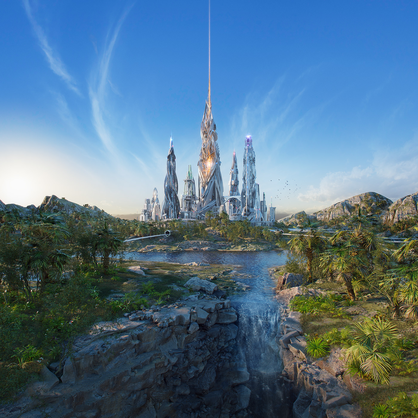 Scifi futuristic city building Tropical waterfall dream science fiction sci-fi 3D