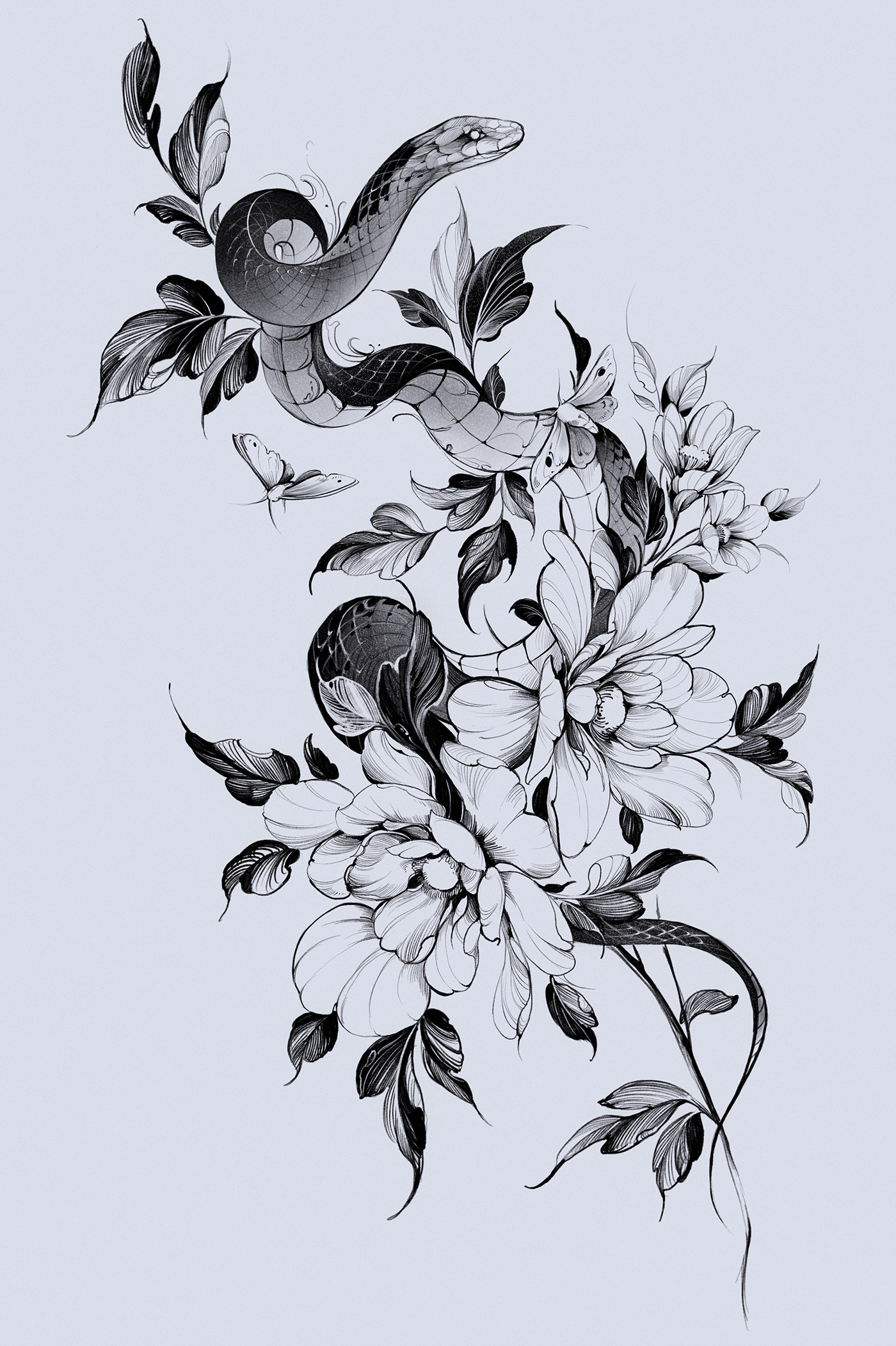 snake peony ILLUSTRATION  floral animal botanical Procreate tattoo Tattoo Art tattoo design 2д
