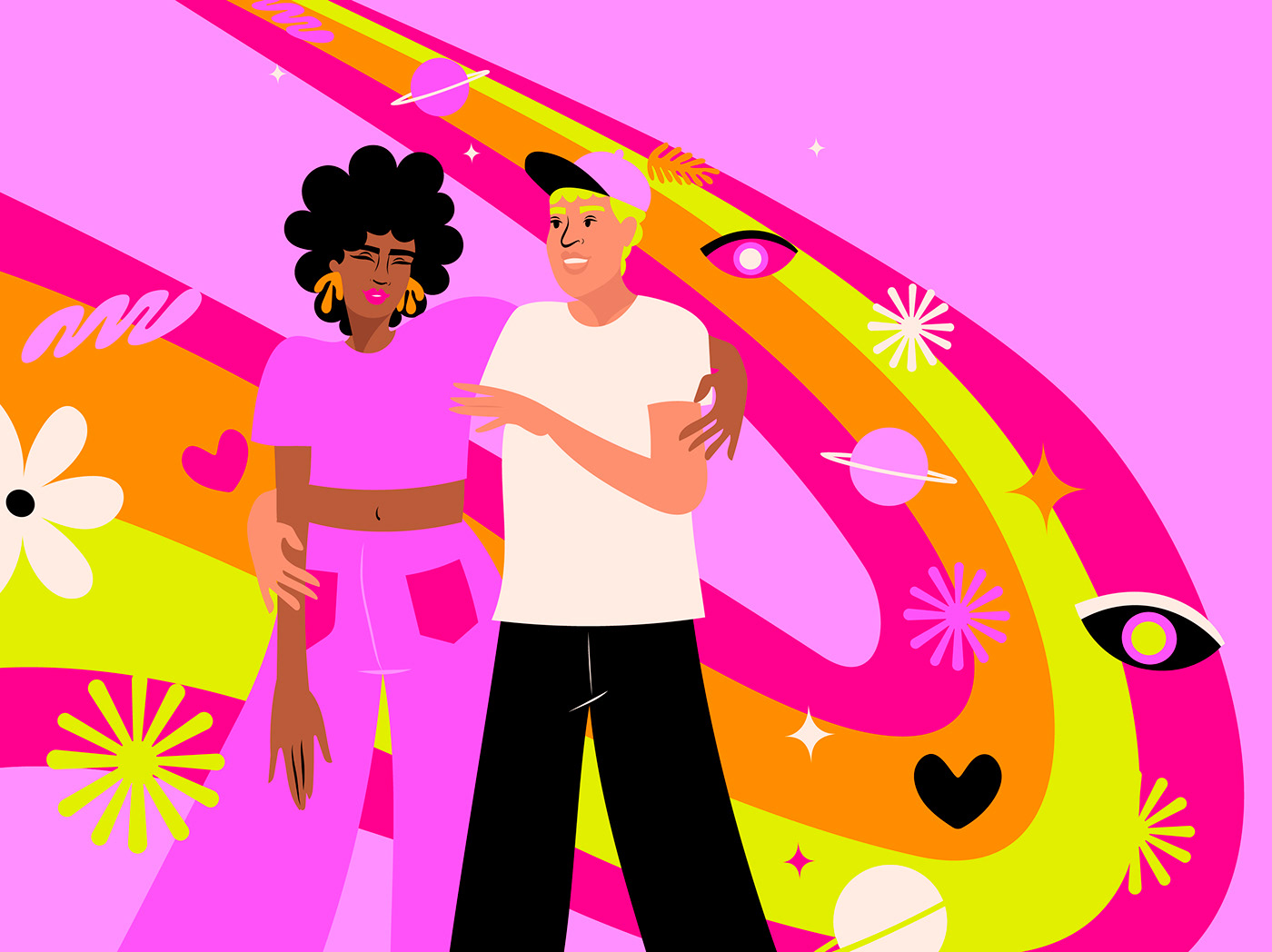couple in front of a swirl with lots of vector elements that create a universe