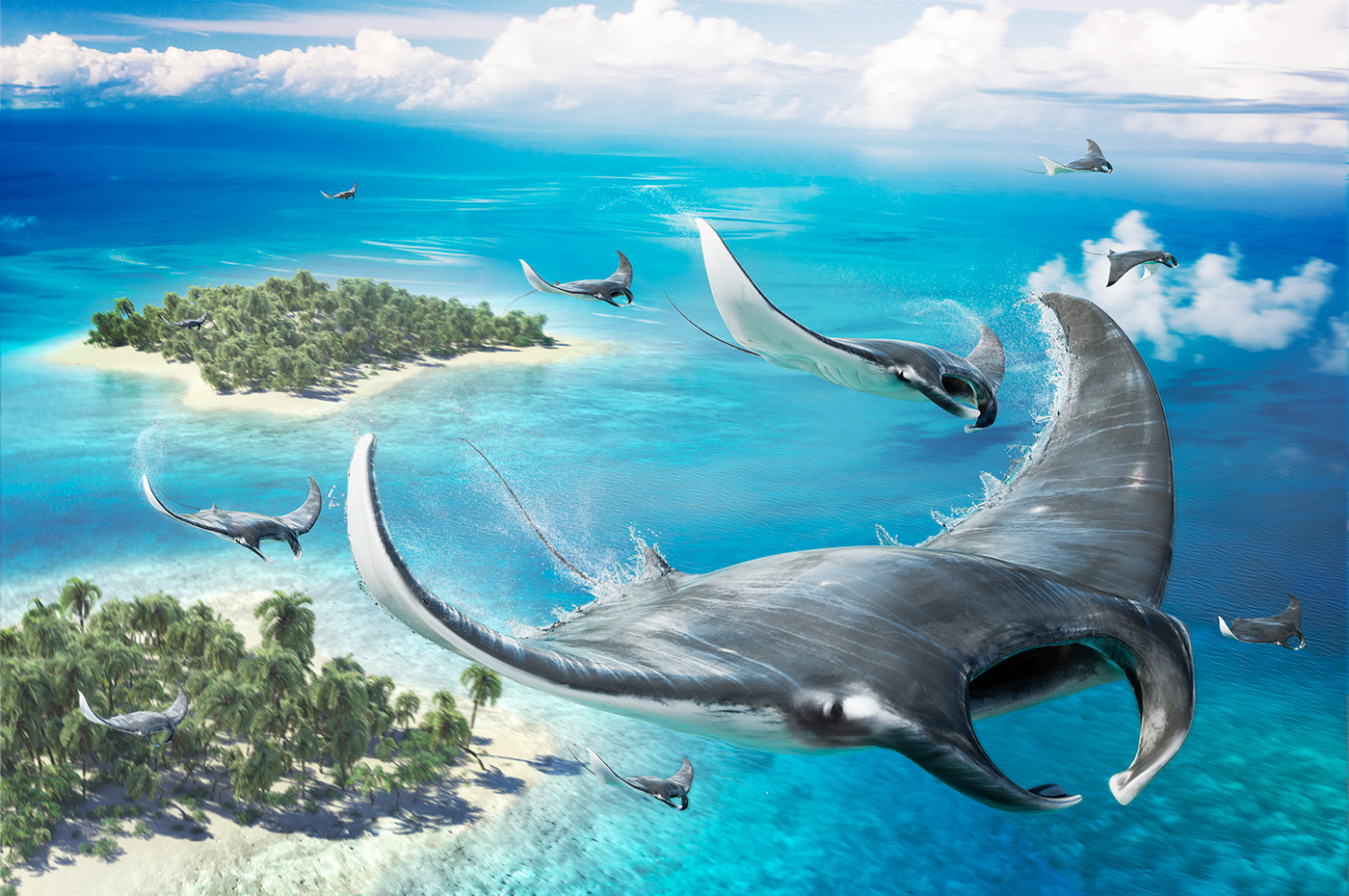 CGI vfx 3D Landscape SKY fantasy Ocean sea fresh Caribbean sci-fi surreal clouds Flying Aerial