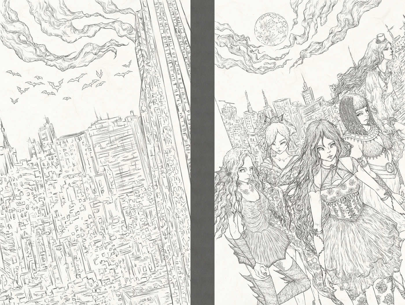 book cover publishing   fantasy girls monster process sketches line art
