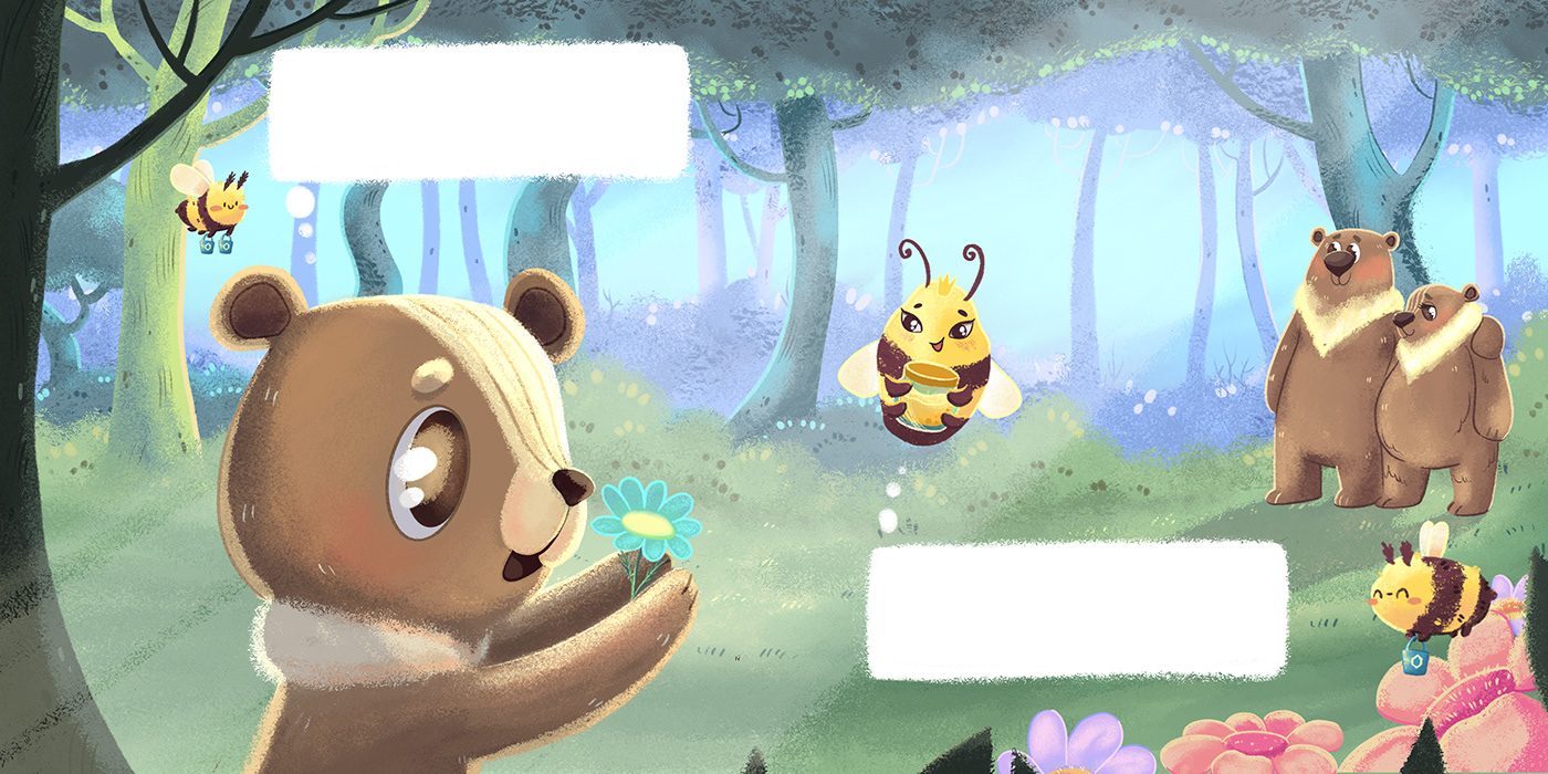 2d Illustration Amazon animal illustration bear bee Book Layout Character design  children book cover design kids story