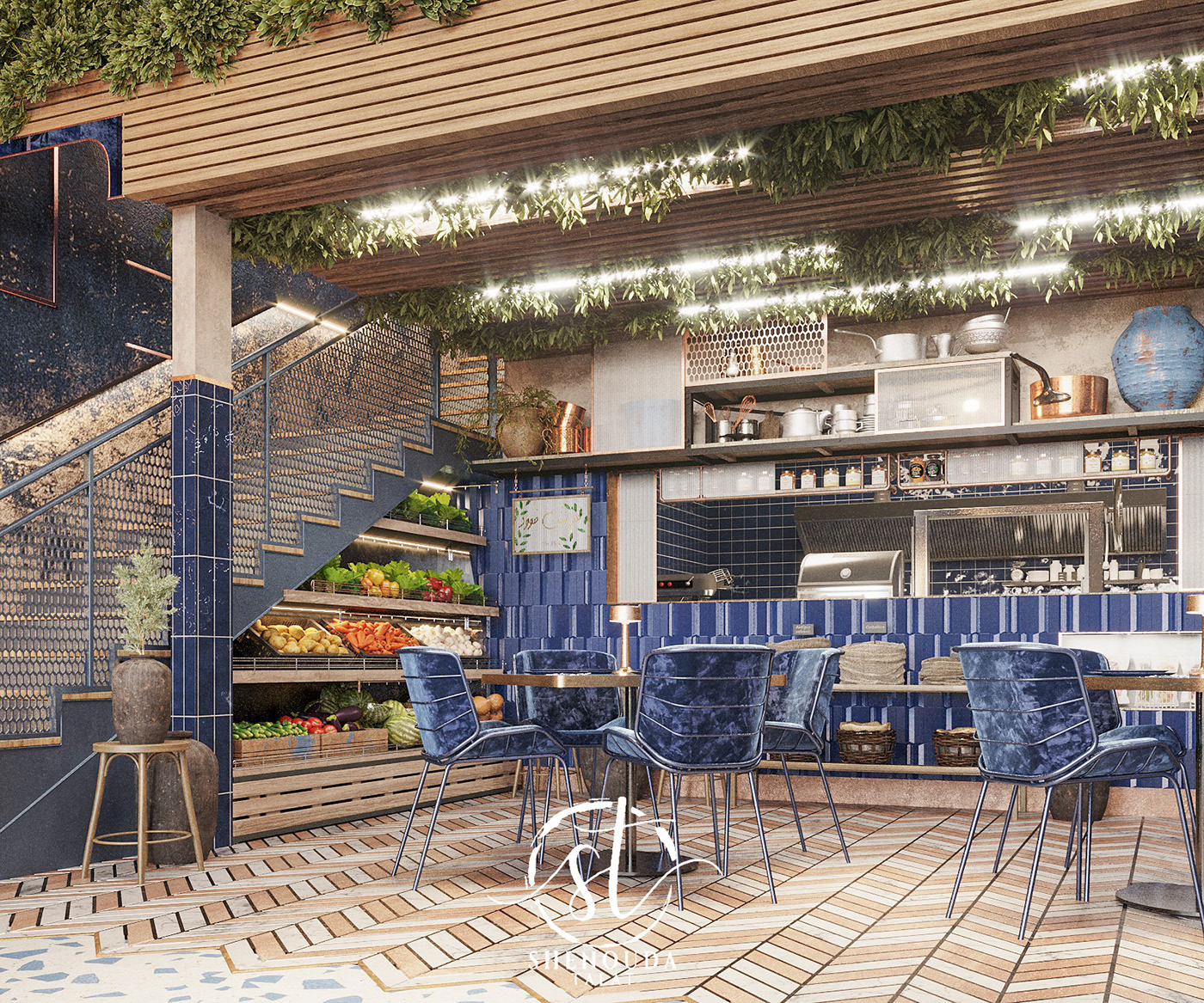3ds max archviz blue cafe corona Interior interior design  restaurant turkish visualization