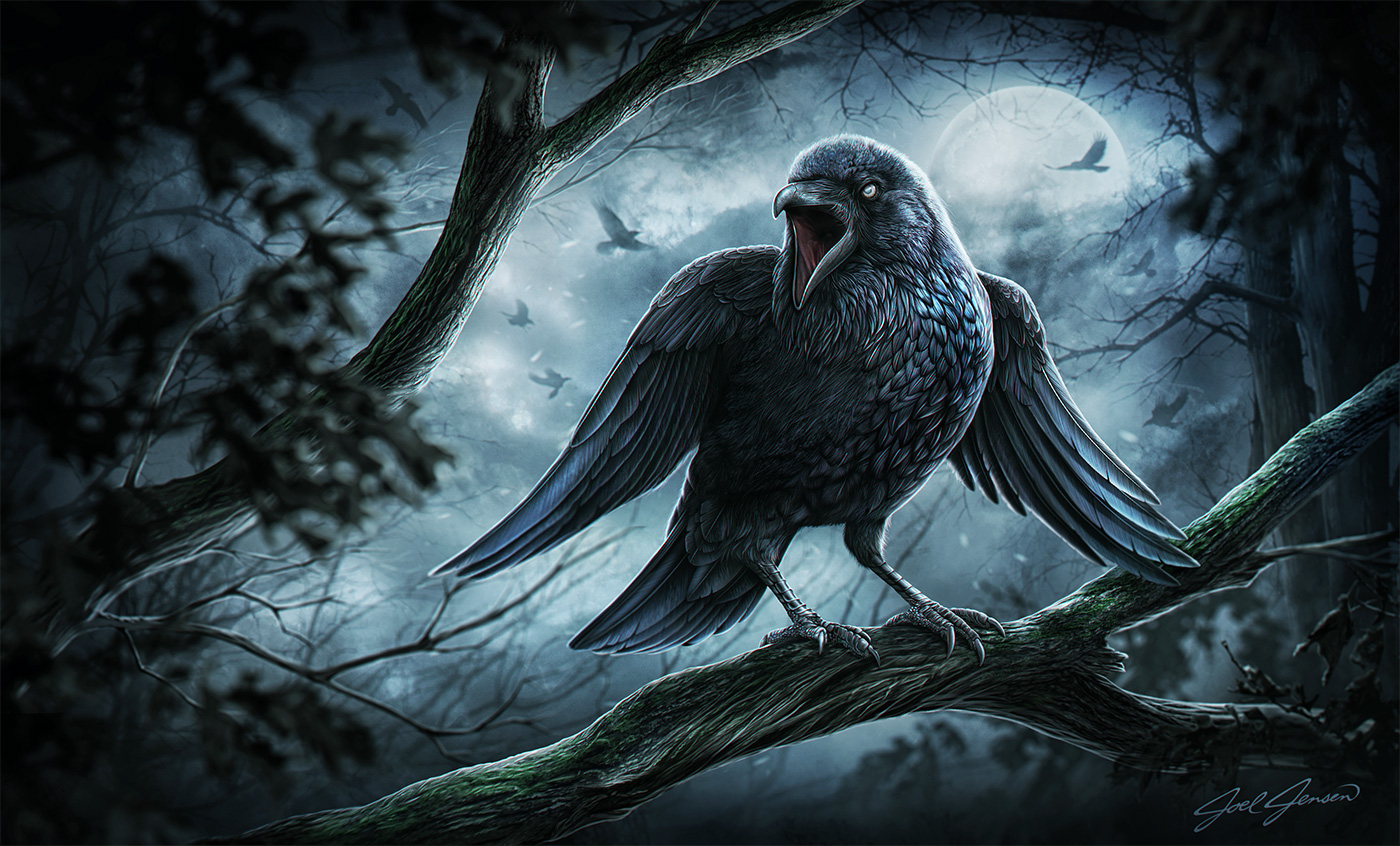 crow forest moon night spooky trees Halloween darkness raven black