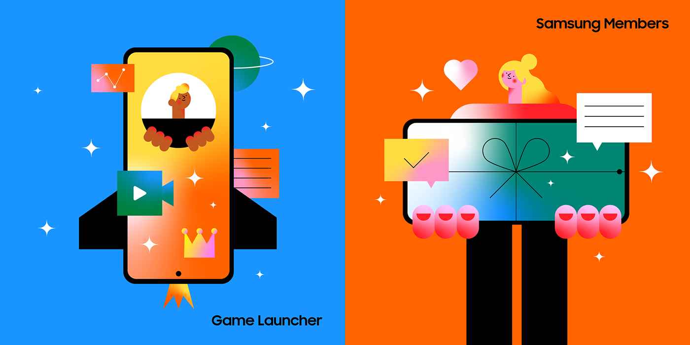 app brand Character design  colorful concept flat geometric gradients ILLUSTRATION  Samsung