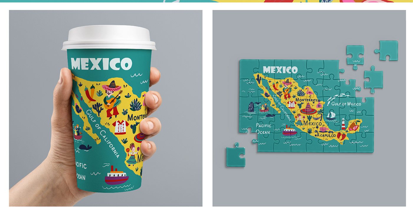 map mexico concept art poster mexico cartography branding  illustrated map Whale cartoon mexican character travel atlas