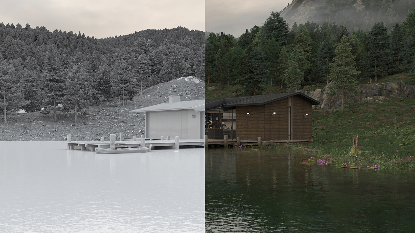 3D house lake Landscape MegaScans Phoenix photorealistic Render visualization architecture