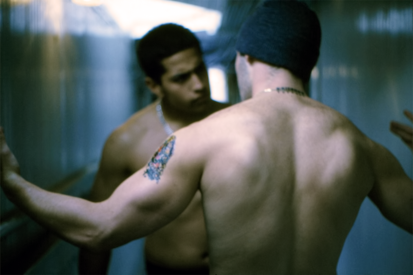 male fight alley Natural Light latino blood tattoo 35mm cross process beef
