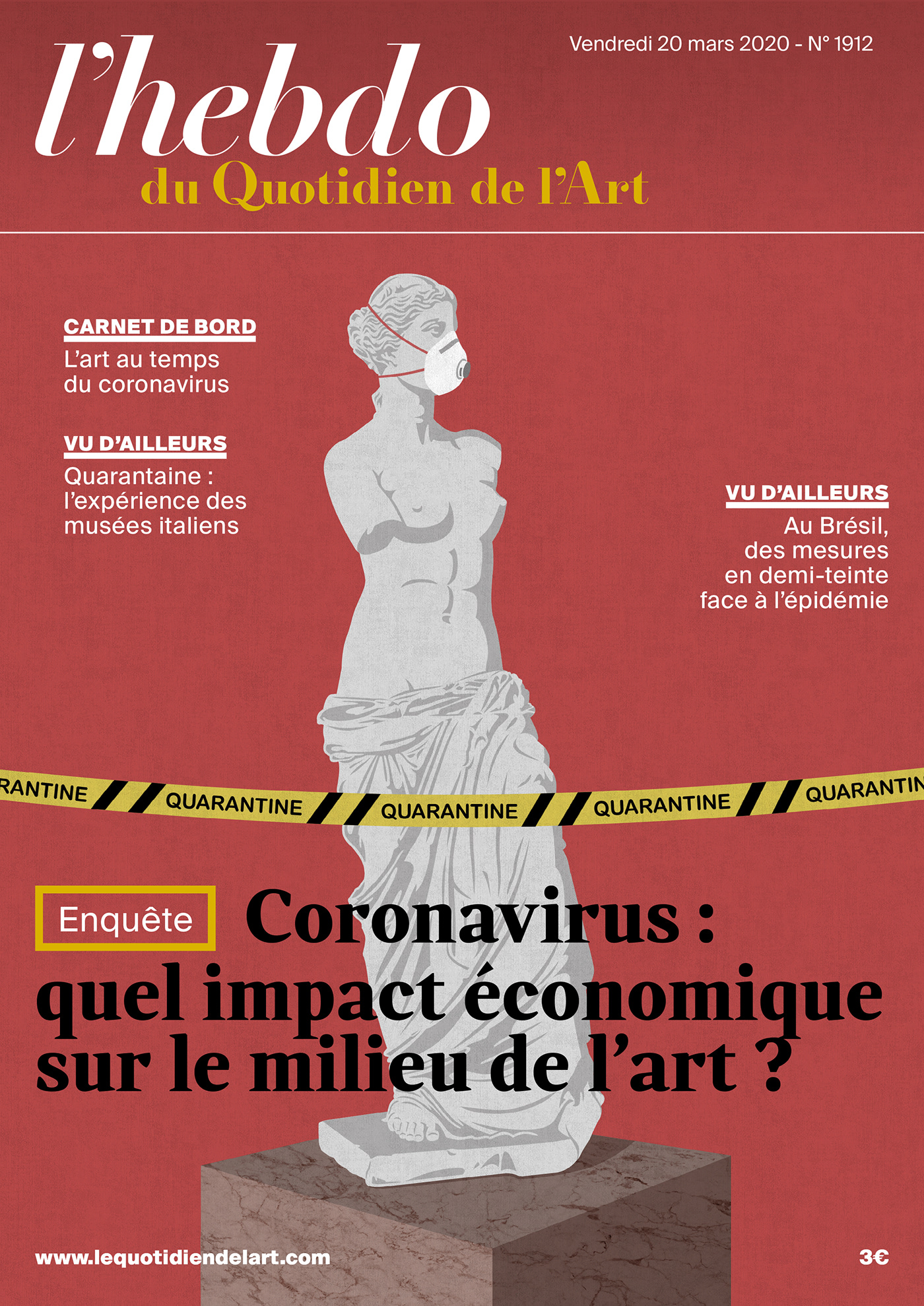 artistic scene conceptual Coronavirus cover editorial impact magazine safe mask venus of milo warning stripe