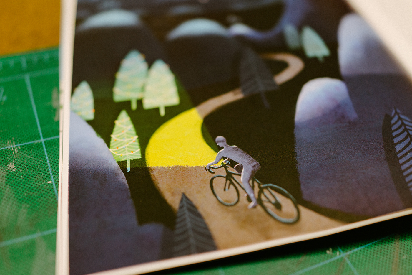 Cycling gouache digital painting mountains bicycling night Christmas Holiday bikes adventure