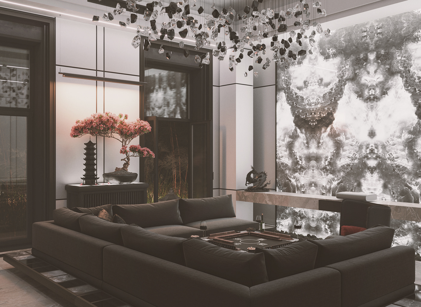3ds max bonsai chinese corona Ethnic Home CINEMA interior design  living room Render visualization
