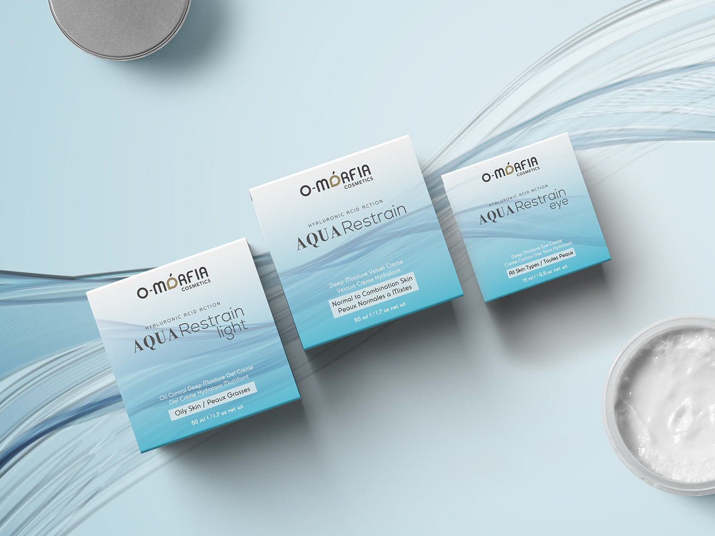 Packaging cosmetics aqua merchandising water wave package design  hydrating o-morfia cosmetics face cream