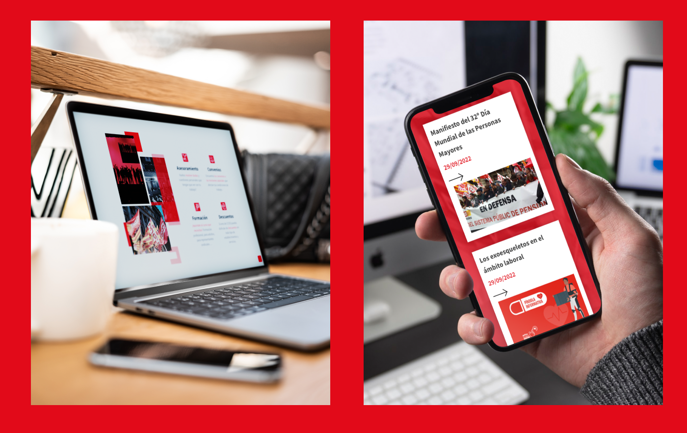 Website design in a phone and in a computer. A. Catalan website created for CCOO