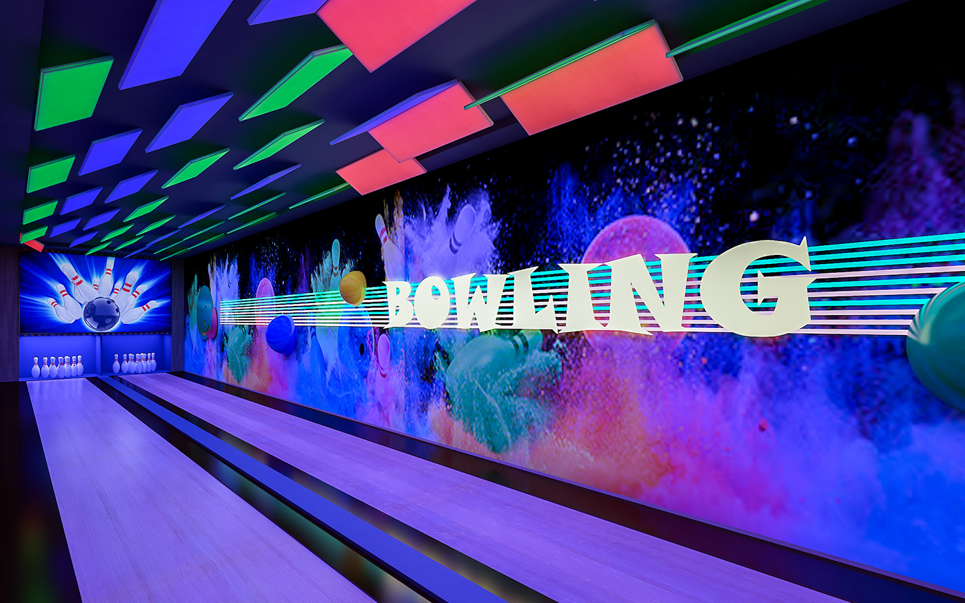 game design  bowling interior design  Render 3D 3D Rendering material 3D Visualization gamezone colorful DESIGN