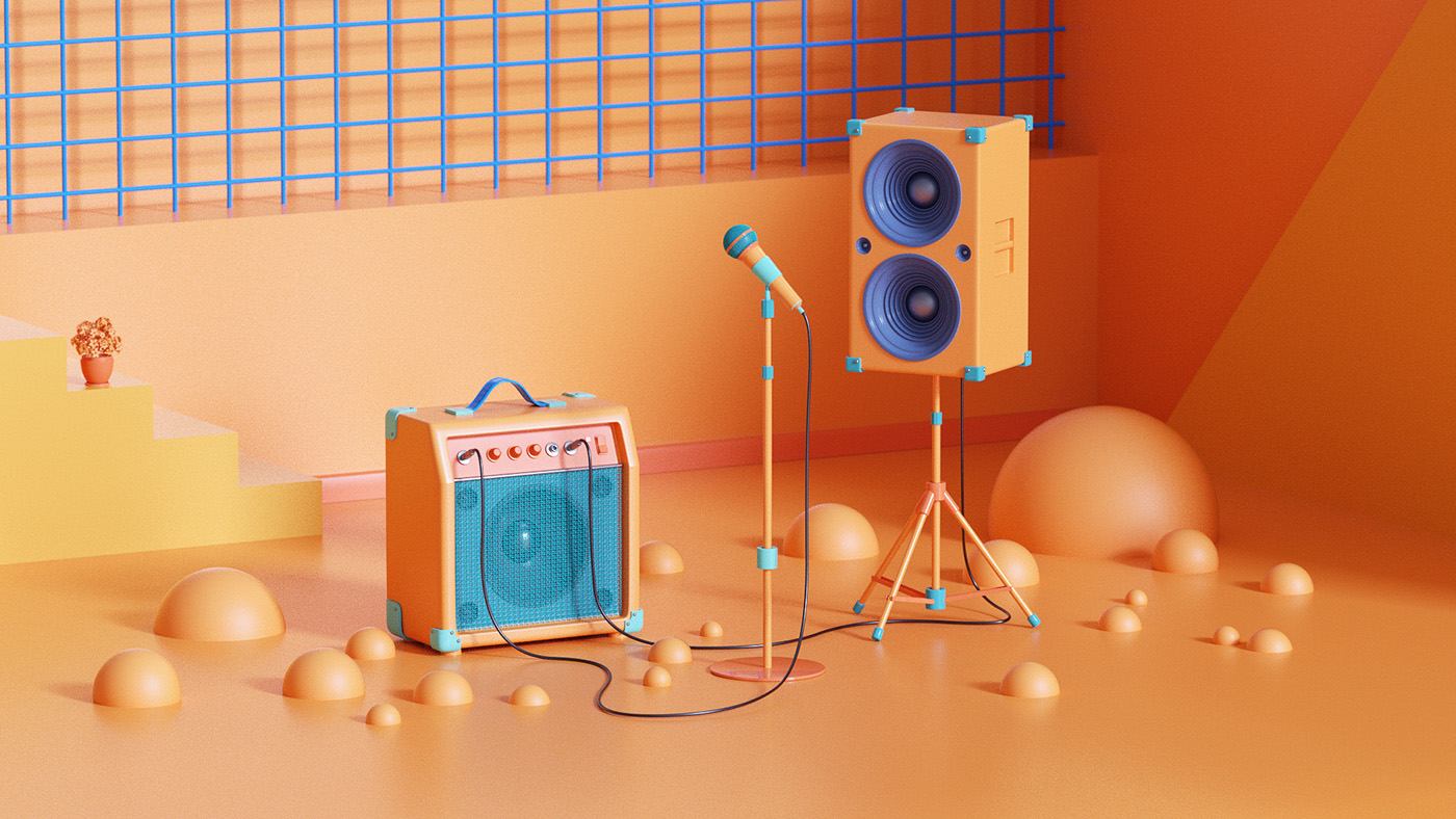 3D CGI microphone orange smartphone Stage design Amp