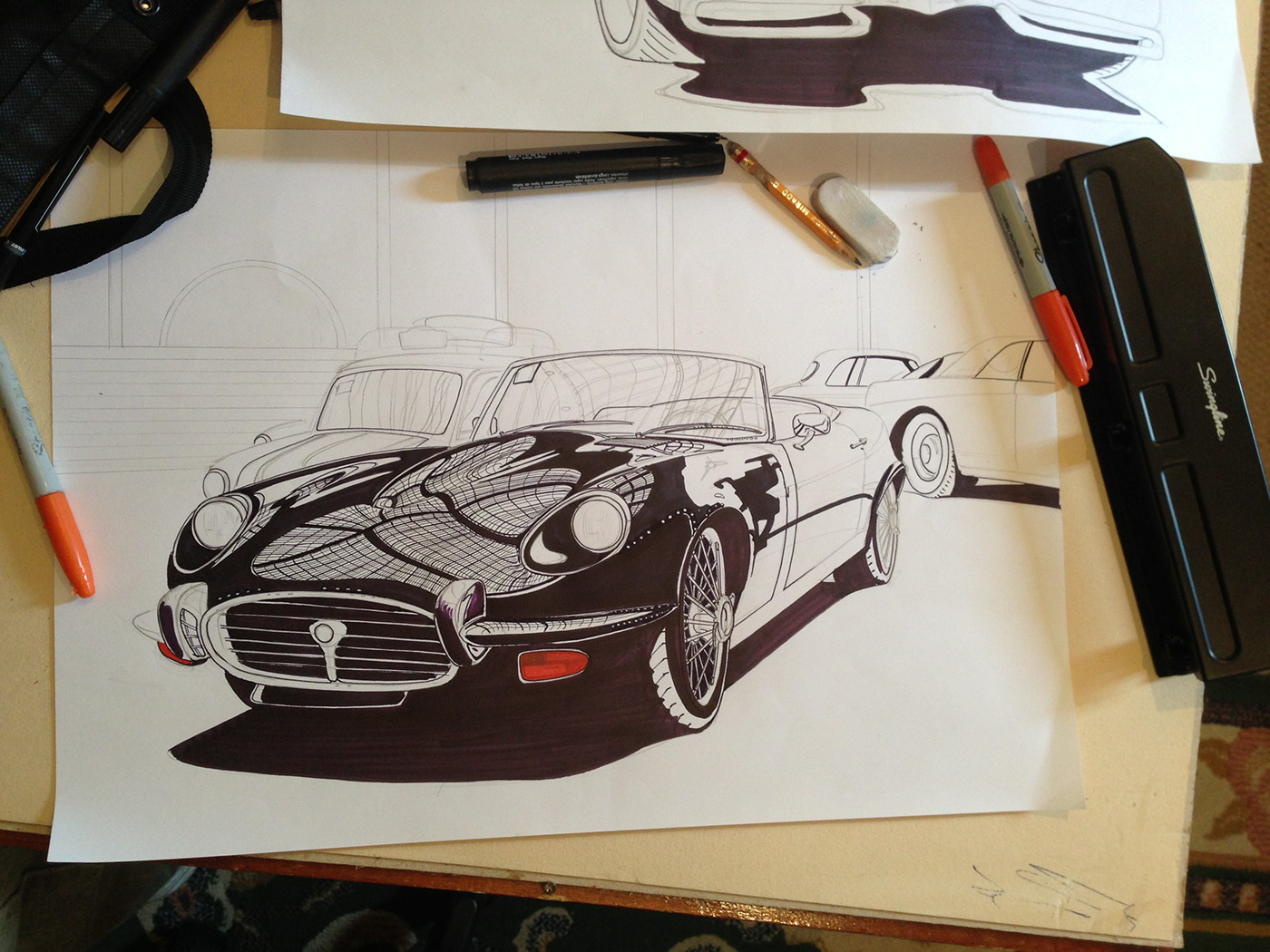 hand made drawing cars ILLUSTRATION  automotive   cars design jaguar Car Illustration pencils markers dst