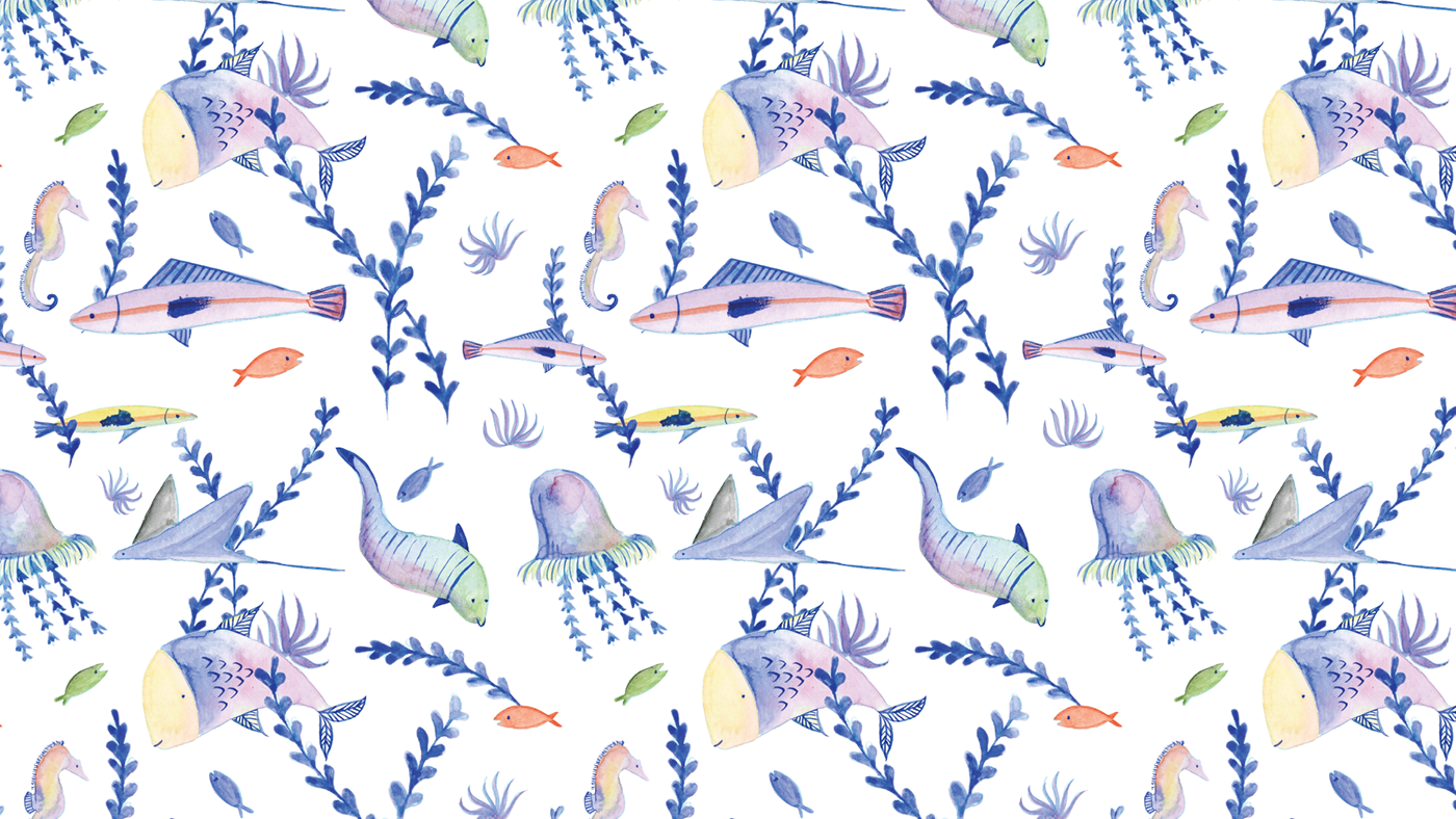 textile textile design  pattern sea fishes seahorse sea plants watercolor Watercolor pattern handmade