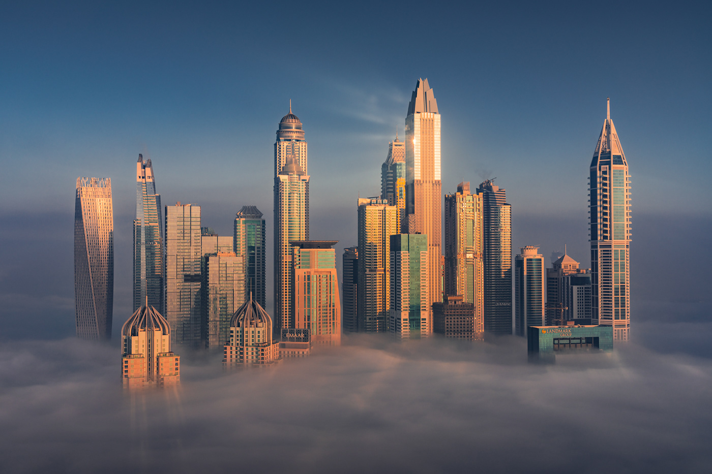 city clouds dubai futuristic mist sci-fi skyline skyscrapers