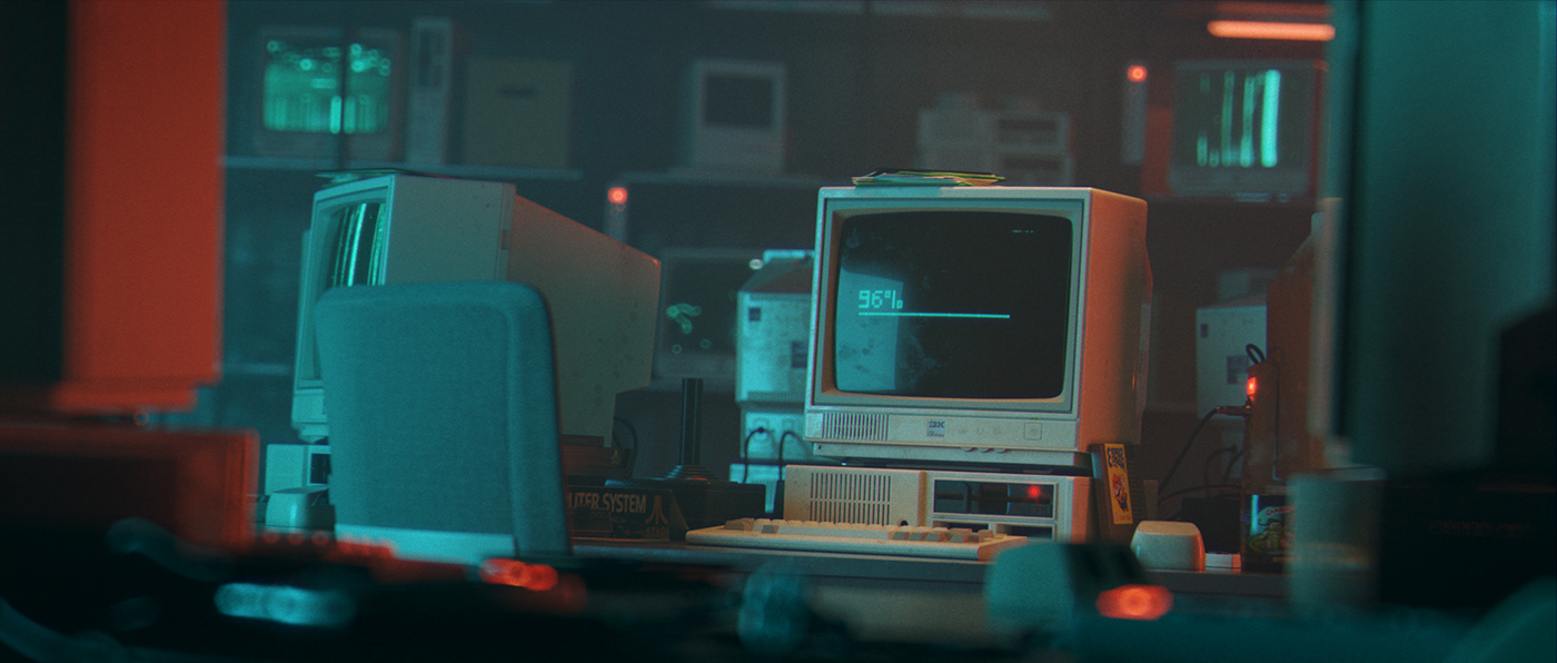 80s animation  blue Computer geek lighting red rendering