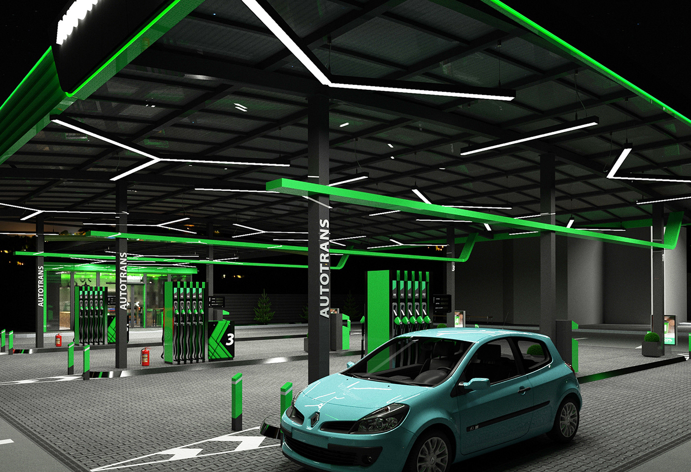 gas station Auto Gasoline fuel Interior architecture brand book green store