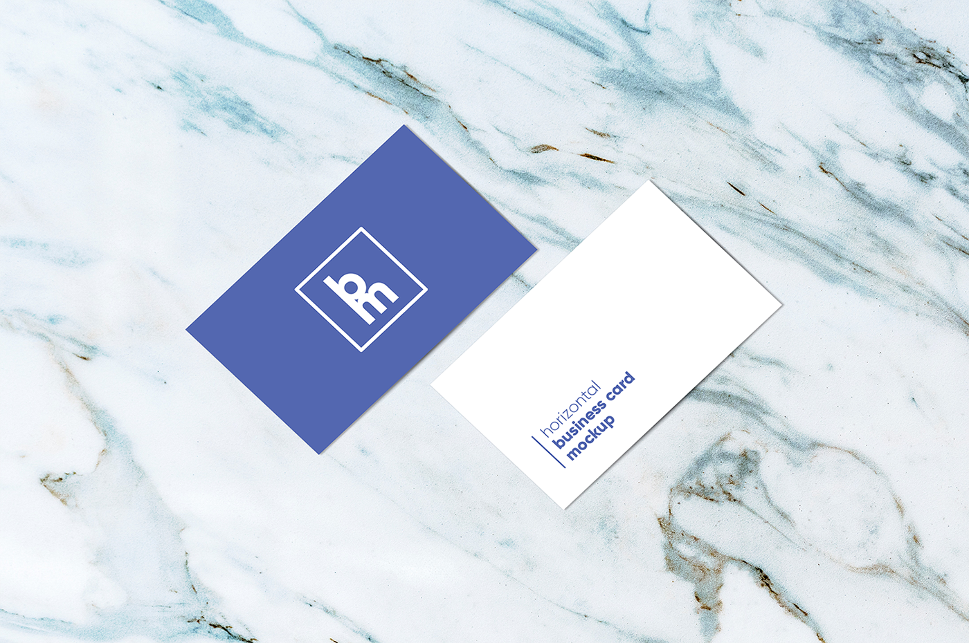business card card Mockup horizontal blue White Marble background texture Stationery