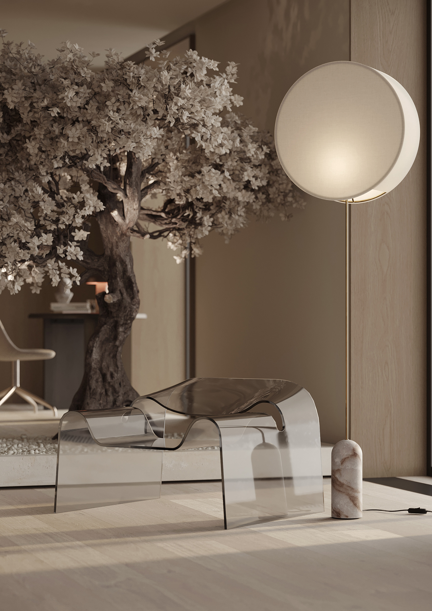 living room kitchen interior design  3dsmax corona render  Vizualization Japandi interior Japandi Tree  Interior