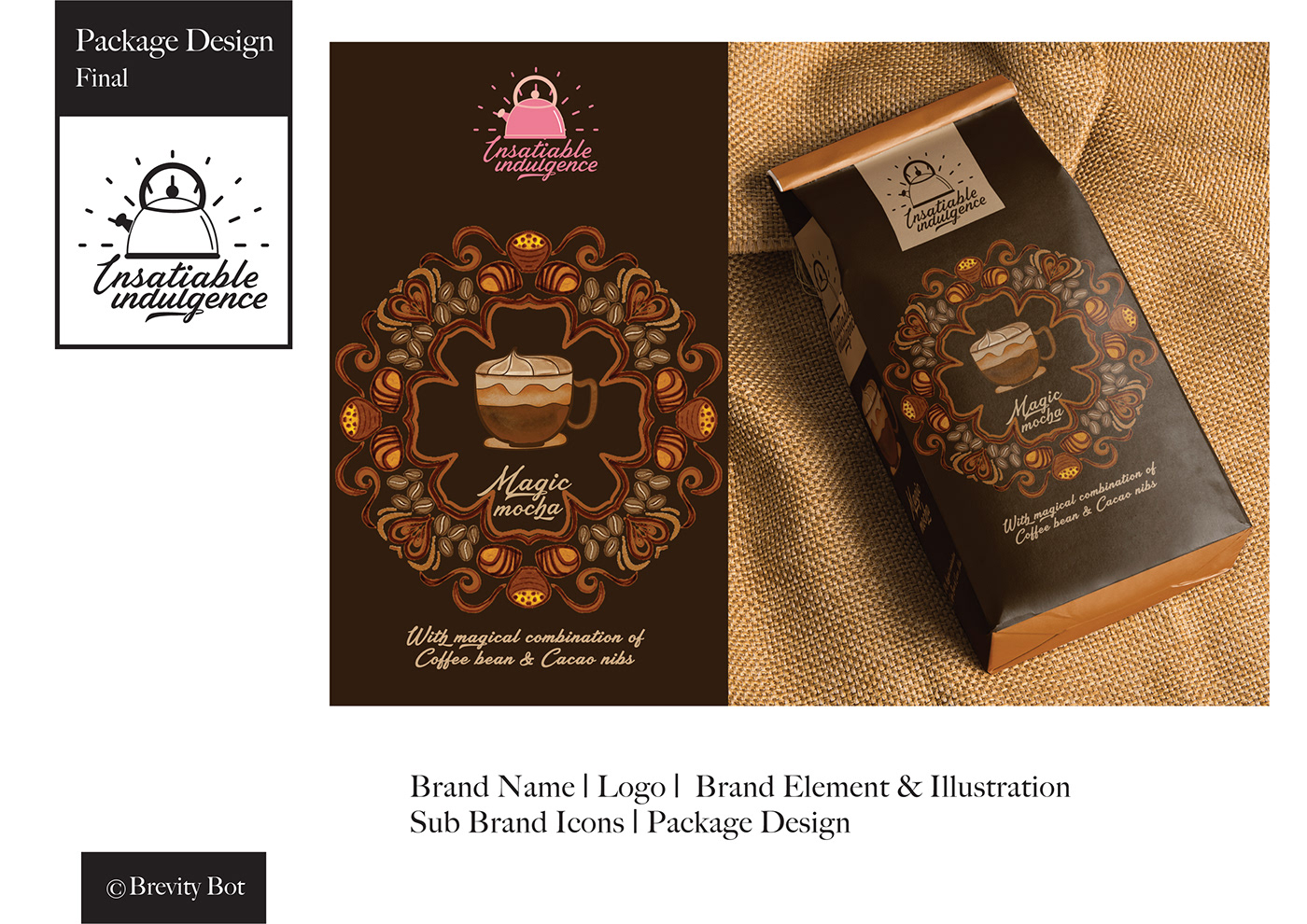 brand identity branding  Brevity Bot cafe Coffee design branding Food  logo Packaging visual design