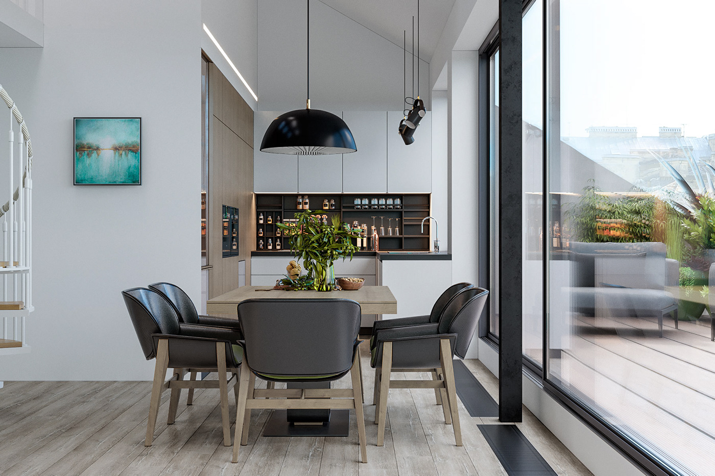 livingroom kitchen dining green White design wood Minimalism modern Scandinavian