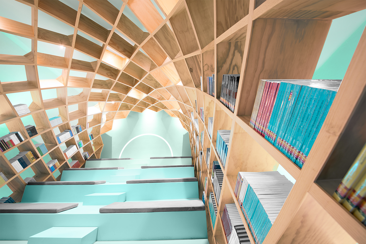 Anagrama mexico conarte library color read kids books stairs wood bookcase bookshelf Membrane Education Bookstore