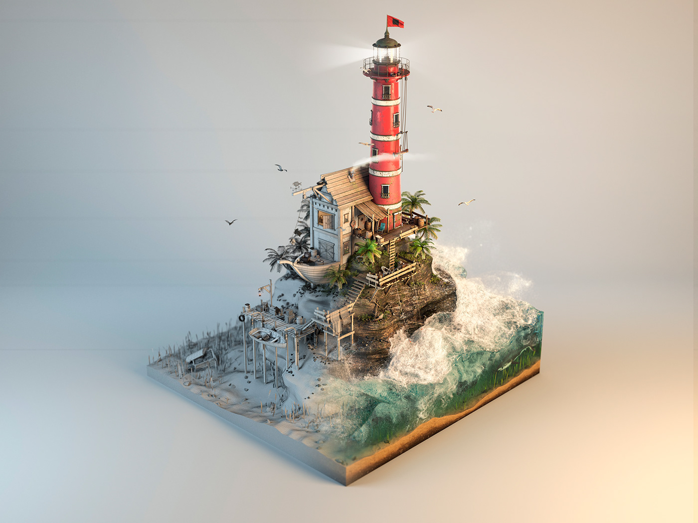 3d textures Island lighthouse Maya 3D Ocean PhoenixFD shark Shipwreck waves luminous creative imaging