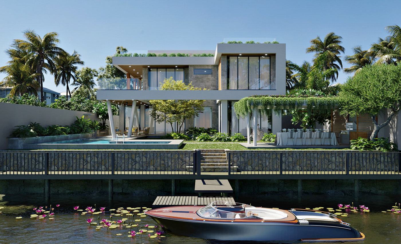 architecture archviz exterior Landscape modern Render residential river visualization