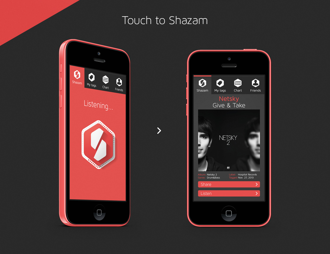 Shazam iphone app application android redesign rebranding smartphone red flat ios7 ios