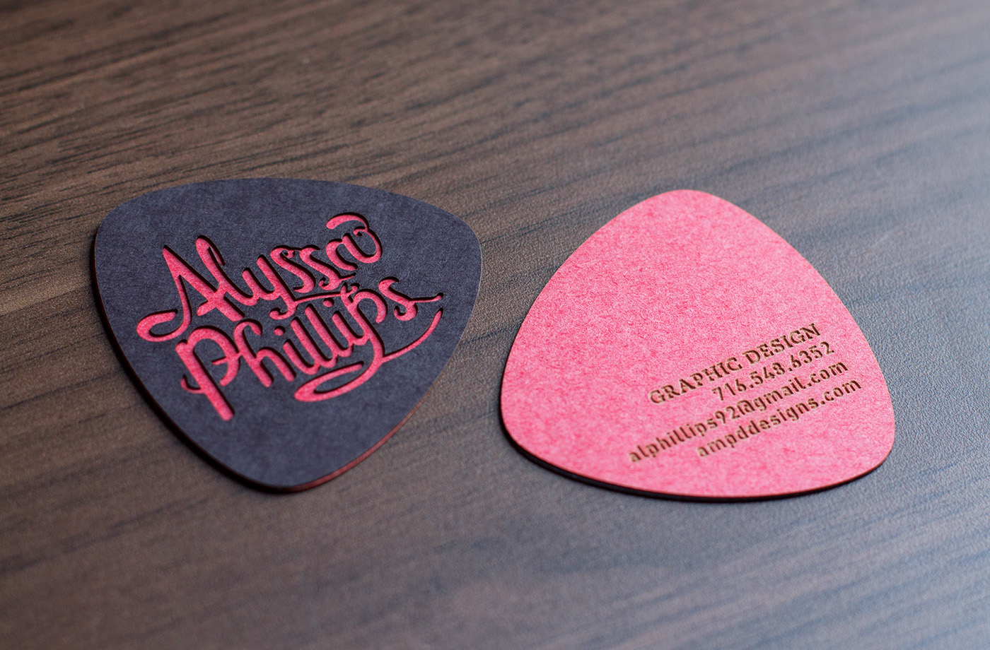 alyssa phillips Pratt Institute Personal Identity Business Cards laser cut guitar picks music design amp'd designs