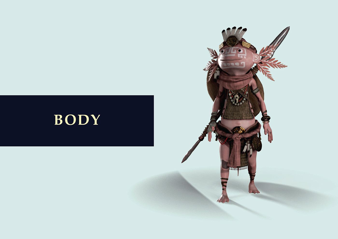 axolotl aztec mayan Ancient fantasy warrior Character design  3d modeling
