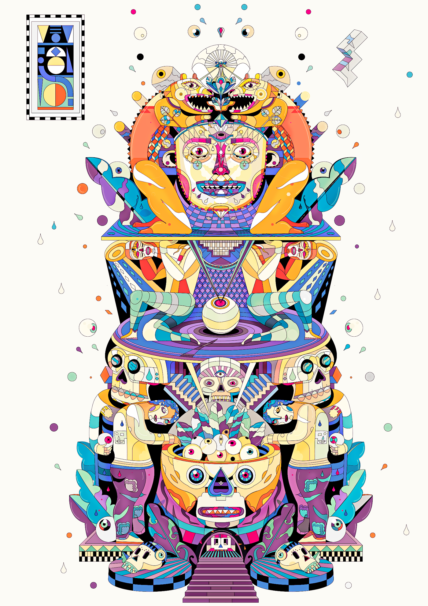 Totem Maya african ethnique psychedelic artbrut Geometrie symetrie poster skulls