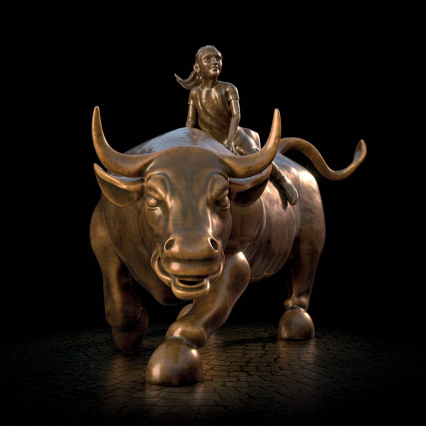 charging bull bull fearless girl Sculpt animal metal 3D Render