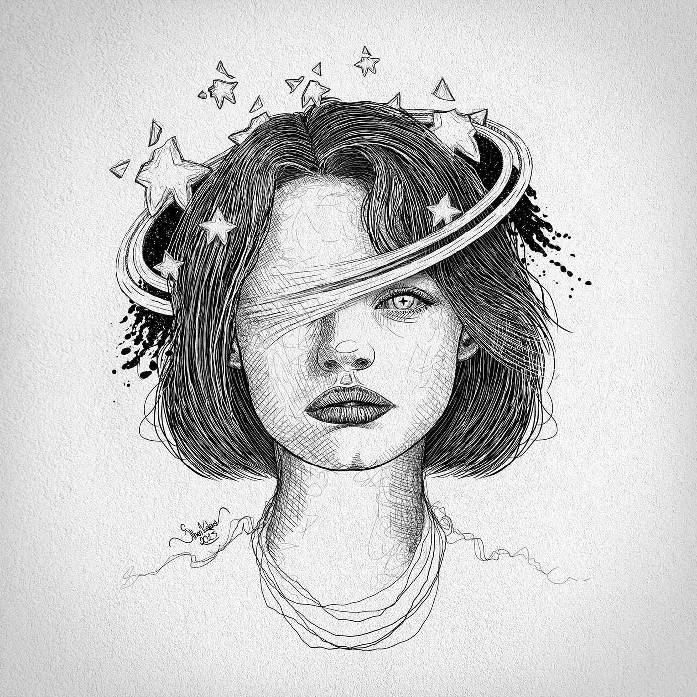 celestial stars woman portrait female drawing procreate illustration concept art digital painting fantasy Magic   black and white drawing