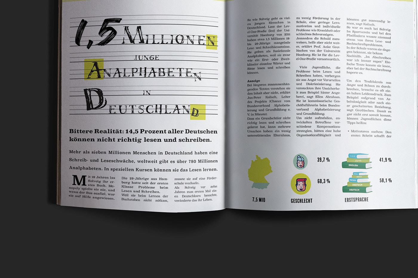 editorial design  illiteracy Infografic Design infographic layouting magazine layout Reading title design typography   writing 