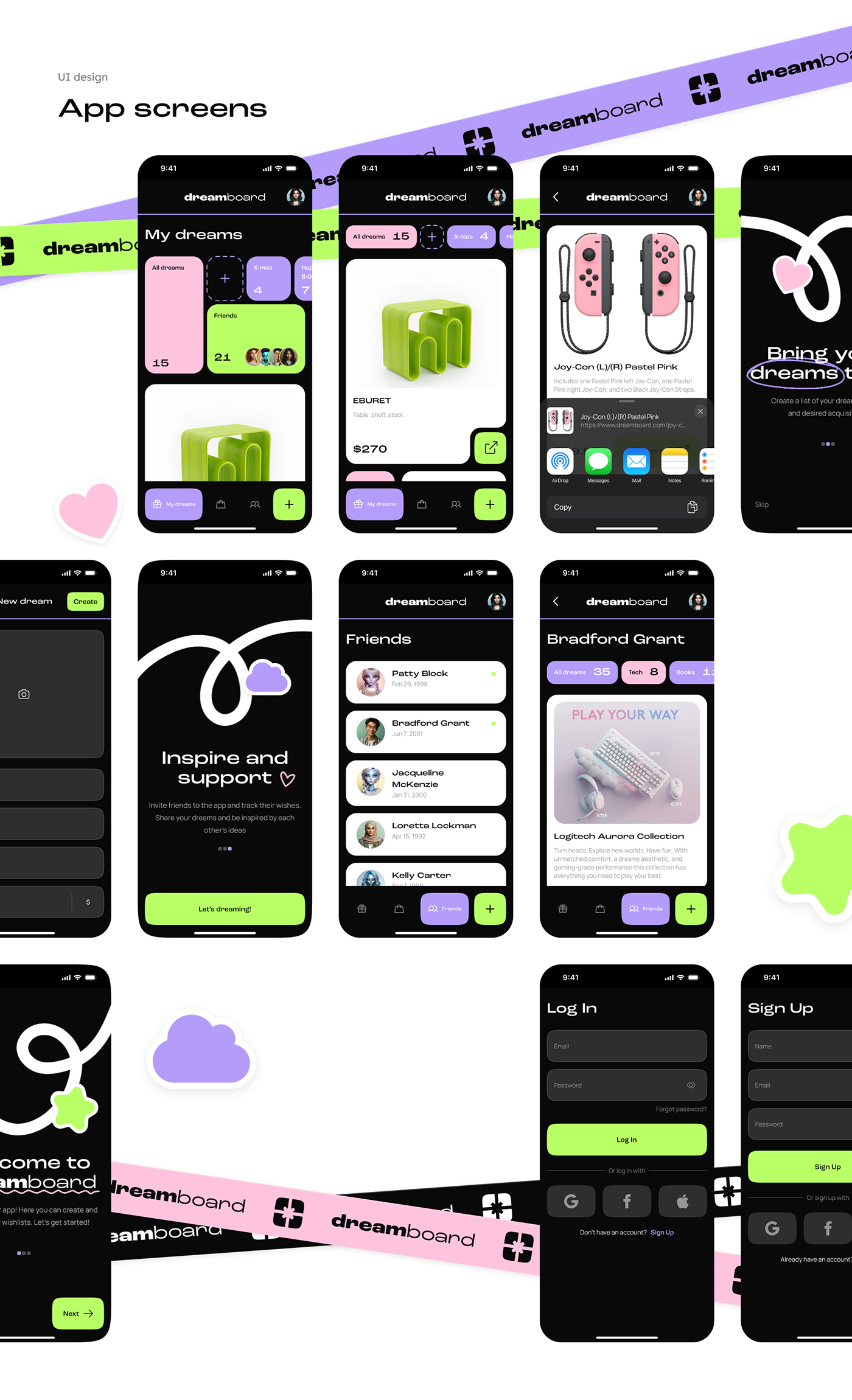 dream wishes wishlist Mobile app branding  ux UI/UX gift animation  bento