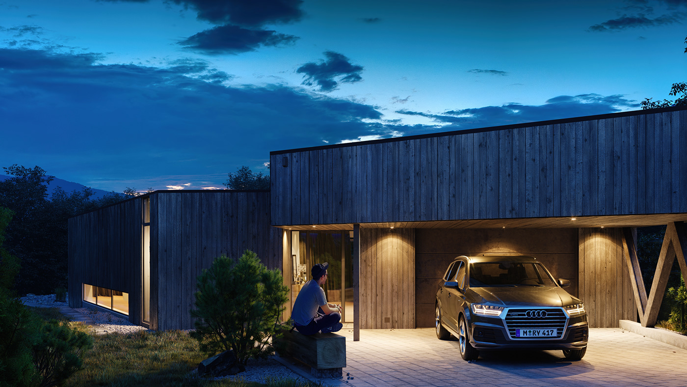 3dsmax corona render  3DArhitecture black house lake exterior lakehouse architecture Cottage