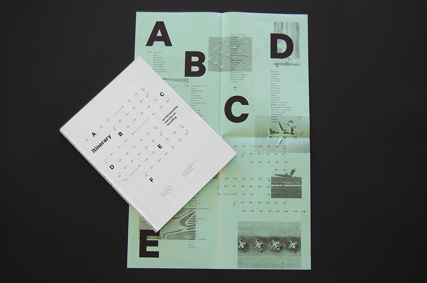 itinerary multiple plane brochure flyer Travel monospaced airport clean black White grayscale transparent mint green